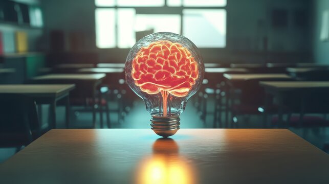 Glowing Brain in Lightbulb Symbolizing Educational Innovation and Mental Health Awareness in Schools