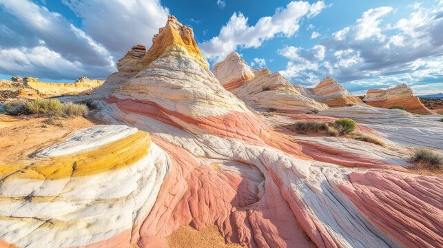 Majestic Desert Landscape with Striking Sandstone Formations Under a Bright Blue Sky