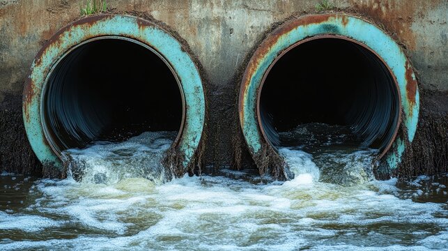 Industrial pipes discharge polluted water into a flowing river, causing environmental concern
