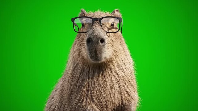 Close-up portrait of an intelligent and charming capybara wearing eyeglasses, set against a vibrant green screen background, ideal for a smart and curious animal theme