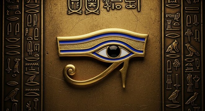 Luminous Golden Eye of Horus in Lapis Lazuli on an Engraved Bronze Tablet.