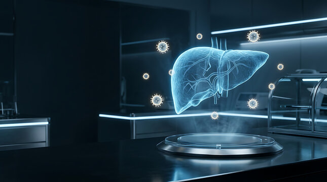 Futuristic Holographic Human Liver with Viral Particles in Lab