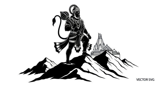 Hanuman standing on mountain peak with temple, Hindu god, black and white illustration