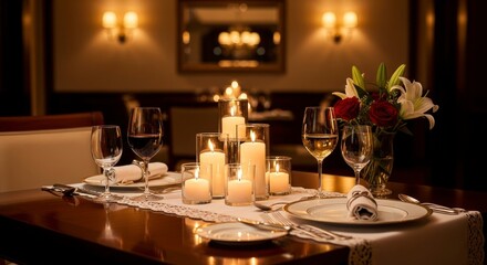 Fototapeta premium A Symphony of Warm Candlelight Illuminating a Romantic Dinner for Two.