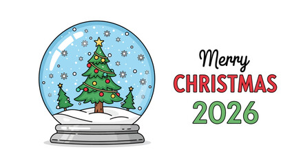 Merry Christmas 2026 Snow Globe with Decorated Tree and Falling Snow © Arto