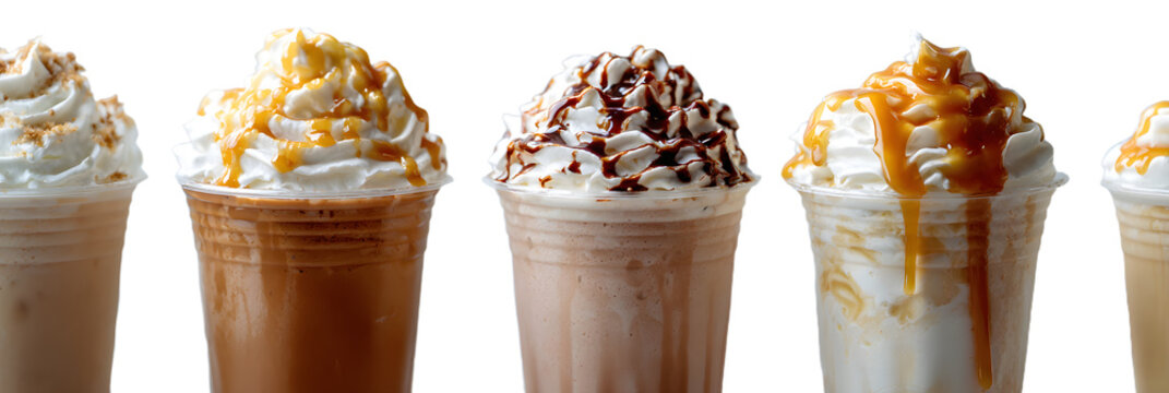 Frozen coffee and caramel frappes with whipped cream and drizzled toppings in plastic takeaway cups on a transparent background.