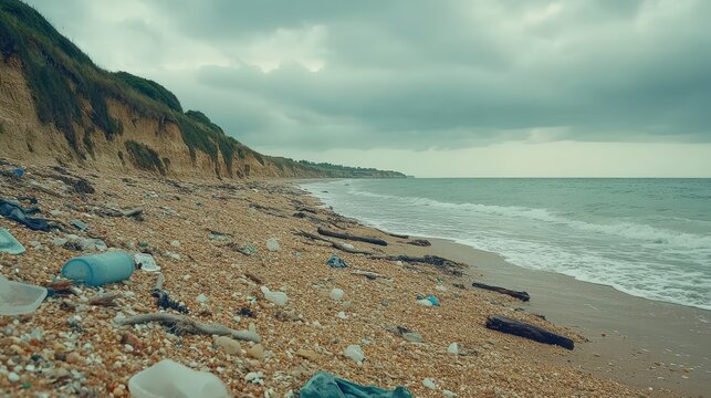 Plastic debris and trash scattered across a polluted rural beach shoreline with overcast skies and ocean waves washing ashore