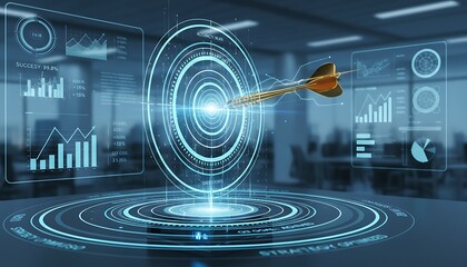 Fototapeta premium Gold dart hitting target, futuristic dashboard with graphs and charts, modern office background, symbolizing success, accuracy, and business strategy