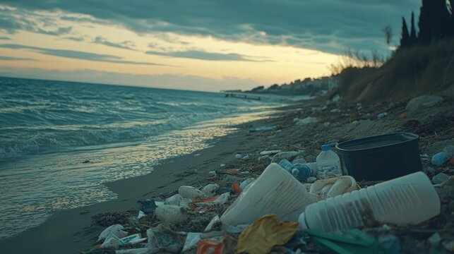 Plastic Waste Fouling a Deserted Beach Coastline During Twilight, Highlighting Environmental Pollution Concerns
