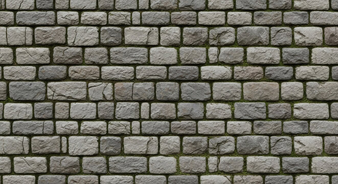 Stone wall texture with grey rectangular blocks and green moss growing between joints for architectural building exterior background surface