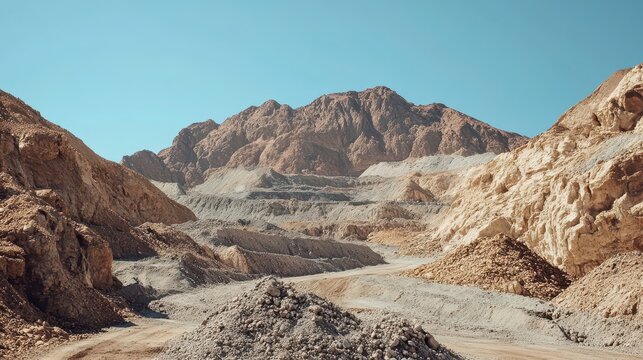 Open pit mine with terraced slopes and rocky mountains under a clear blue sky showcasing industrial excavation