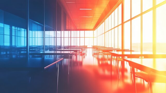 Modern classroom with ample natural light and digital learning setup