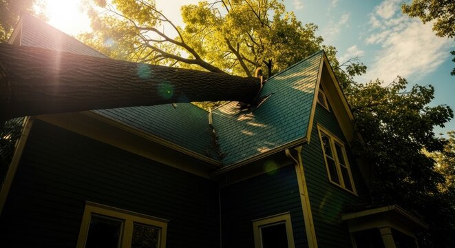 The sun shines on a green house with yellow trim under trees.