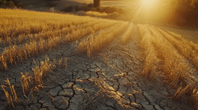 Sunlight bathes parched, cracked farmland suffering from severe drought conditions, revealing dry earth and wilting crops