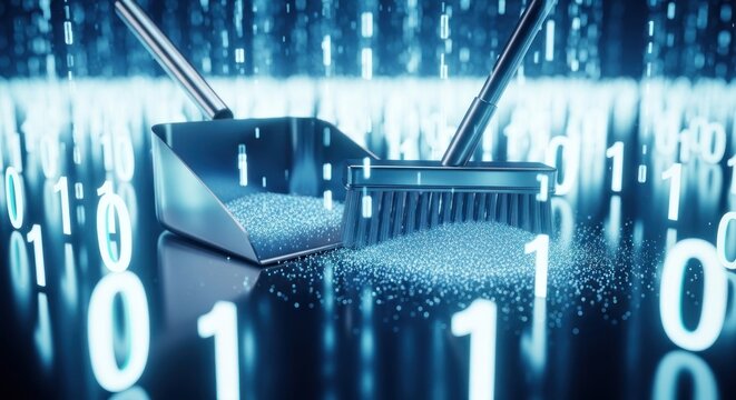 A broom and dustpan sweep up binary code debris on a digital floor with a futuristic background.