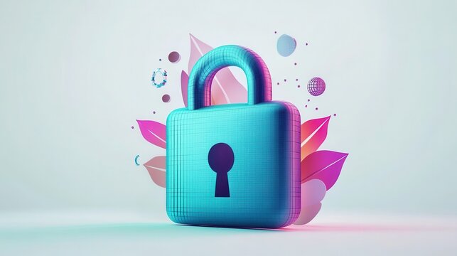 Secure network data protection visualized with a 3D teal lock and abstract digital elements