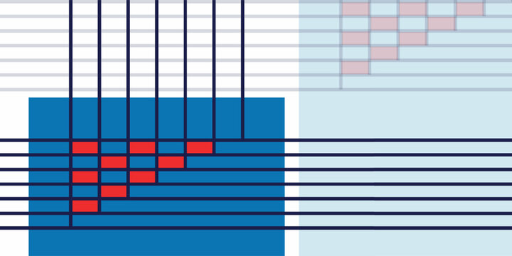 Abstract illustration featuring a blue block with red pixelated triangles and a grid overlay, suggesting data visualization or a structured pattern.