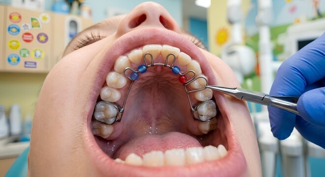 Young patient in a dental chair with a fixed palatal expander (hyrax or similar appliance) on the upper teeth, ready for activation, representing orthodontic treatment for crossbite or crowding