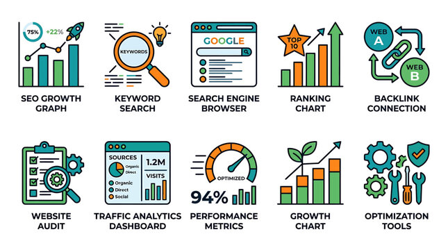 SEO Digital Marketing Analytics Icons Set with Growth, Keyword Search, and Optimization Tools