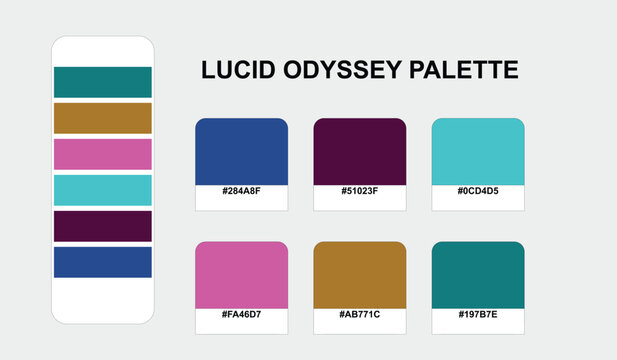 This Lucid Odyssey color palette showcases a structured grid of six vibrant swatches including hex codes for professional branding and modern creative design projects.