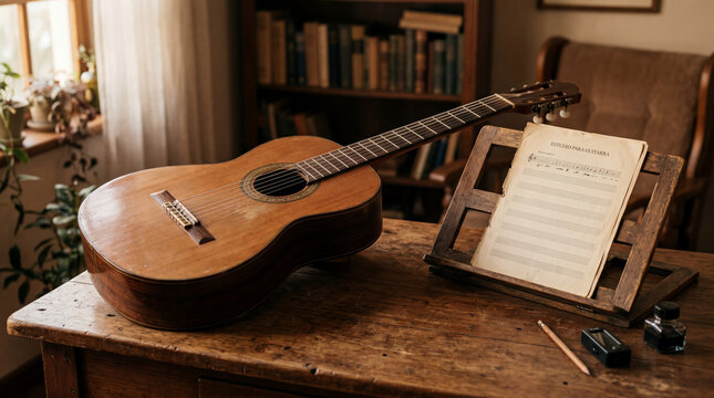 Classical acoustic guitar and vintage sheet music with blank unreadable notes on warm wooden desk.