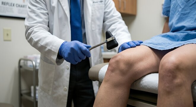 Doctor using a reflex hammer to test the patellar tendon reflex on a seated patient's knee, representing neurological examination and deep tendon reflexes
