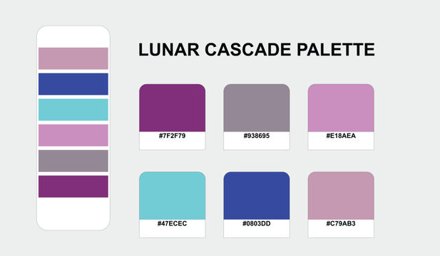 Professional designers utilize this Lunar Cascade color palette featuring a vertical swatch set and a grid of hex codes for modern brand identity and creative projects.