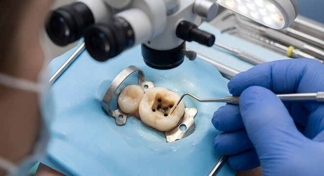 Dentist performing a root canal treatment while looking through a dental operating microscope, representing endodontic precision and microscopic dentistry