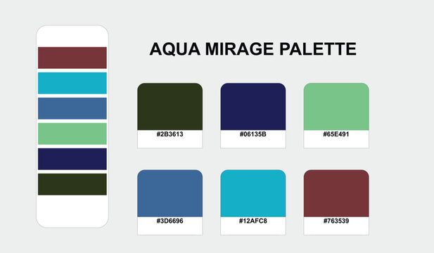 Professional designers utilize this Aqua Mirage color swatch set featuring unique hex codes and creative combinations for brand identity and digital UI layouts.