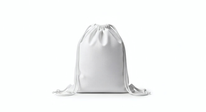 White drawstring backpack mockup for branding with blank fabric surface for custom logo placement in a simple retail display