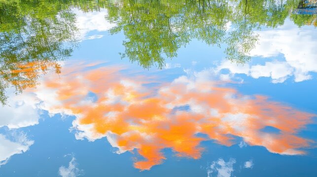 Vibrant toxic algae bloom creates colorful patterns reflecting trees and clouds on a pond surface