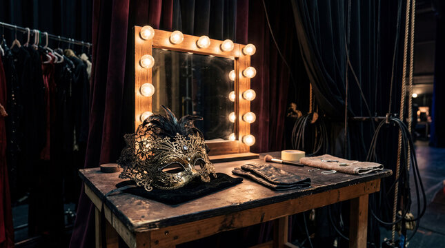 Backstage quick change dressing area detail shot featuring generic intricate mask and pair of gloves.