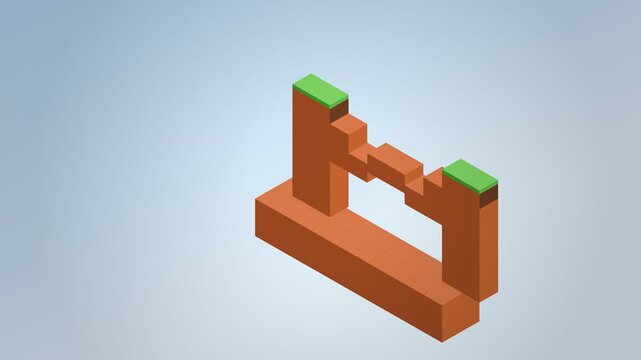 A 3D animation featuring a voxel/low-poly aesthetic that showcases the step-by-step construction of a platformer game level.