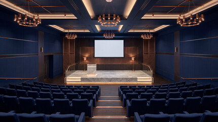 Naklejka premium Sophisticated deep navy blue seminar hall adorned with modern metallic copper light fixtures and seating