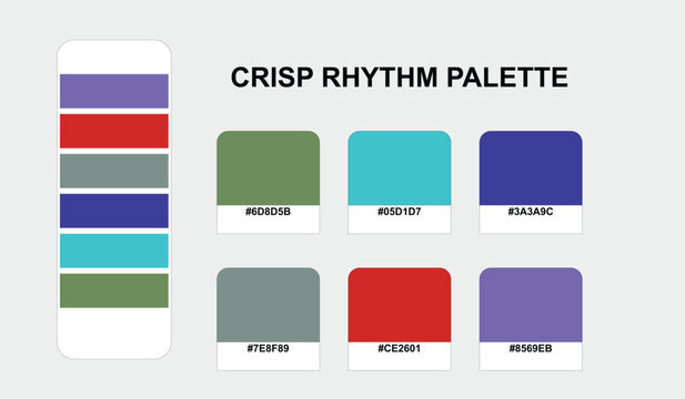 Professional graphic designers utilize this Crisp Rhythm color palette swatch set containing hex codes to create harmonized brand identities for digital projects.