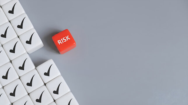 Identifying Critical Business Challenges A Bold Red 'RISK' Cube Breaks the Pattern of White Checkmark Tiles, Highlighting Strategic Management Decisions