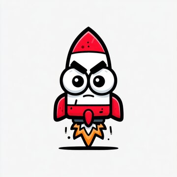 Kawaii rocket character with large eyes and a determined look launches with flames at the base against a plain white background.