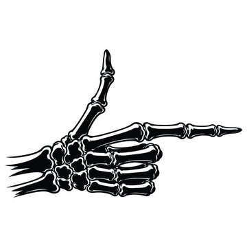 Skeleton hand pointing gesture, black and white illustration