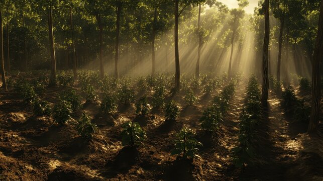 Young saplings in a sunlit forest undergoing reforestation and growth