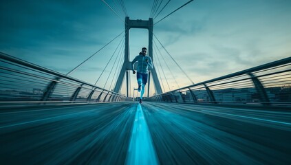 Fototapeta premium Generative AI depicts a person running across a modern suspension bridge during daytime