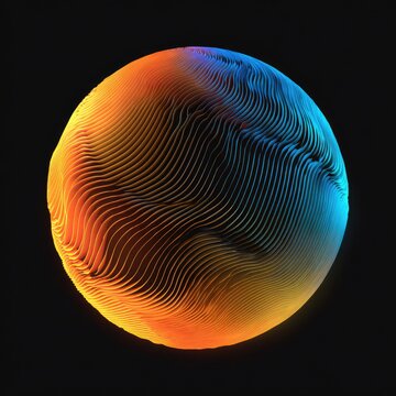 Sphere with intricate, parallel lines, transitioning from orange to blue, on dark backdrop
