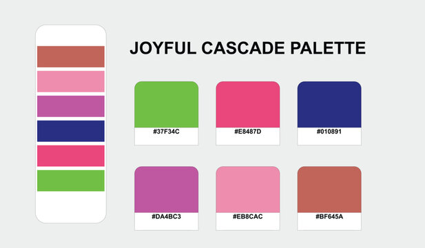 Vibrant hues of lime green and deep navy highlight this Joyful Cascade color palette, featuring a trendy color swatch set and hex color codes for creative designers.
