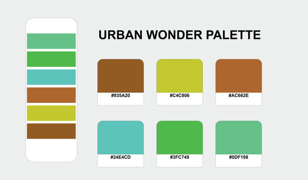 Vibrant urban wonder color palette features an asymmetrical visual weight with a vertical swatch strip balancing a set of distinct hex coded rectangular color blocks.