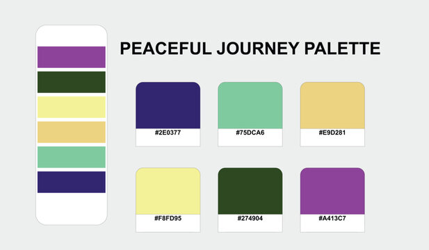 Vibrant and professional brand color palette named Peaceful Journey features a sophisticated combination of purple, mint, and yellow tones for modern graphic design projects.