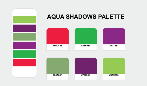 Vibrant Aqua Shadows color palette features a professional grid of hex swatches including lime green and deep purple tones perfect for contemporary graphic design.