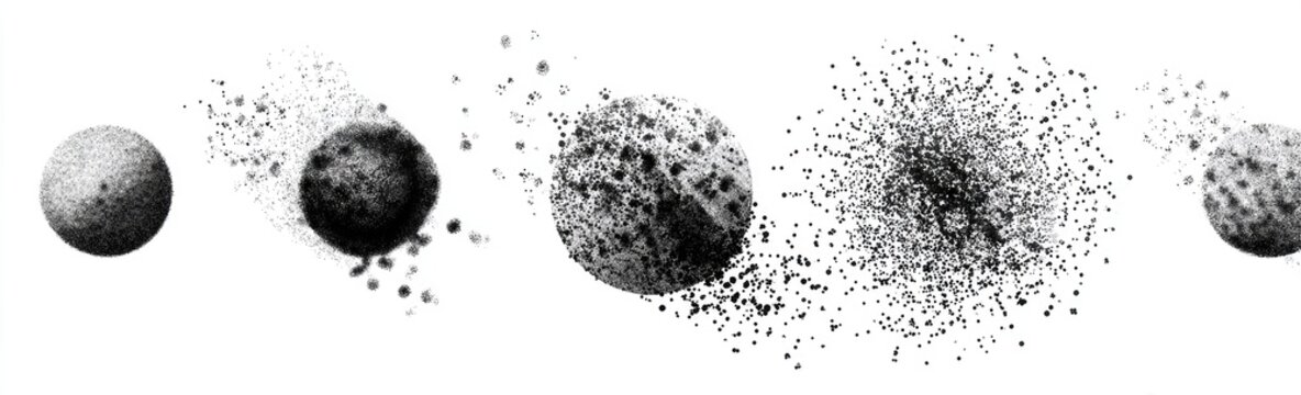 Spheres degrading or erupting, shown in monochrome scale on a white background