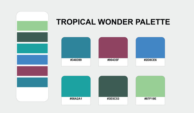 Vividly curated tropical wonder palette displays a harmonious color combination chart with professional hex swatches for designers seeking fresh branding inspiration.