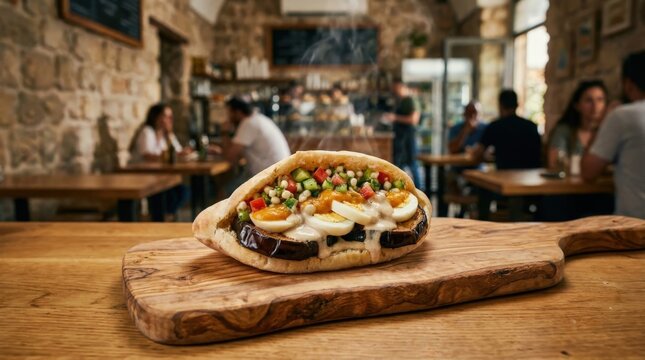 Fresh sabich sandwich featuring fried eggplant and boiled egg served on a wooden board inside a cozy rustic restaurant, capturing a cinematic widescreen view of traditional middle eastern street food.
