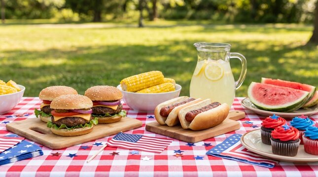 Fourth of July picnic table with traditional summer food