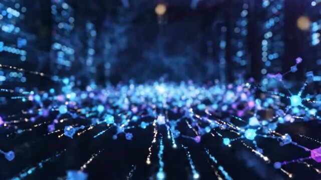 Scientific data visualization with glowing molecular connections forming an abstract futuristic network, digital particles moving through a high-tech science background.